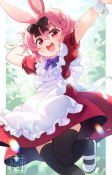 1girl :d animal_ear_fluff animal_ears apron arms_up black_bow black_thighhighs bow bowtie collared_dress commentary_request commission dress frilled_apron frills hair_between_eyes hair_bow highres kito_(sorahate) looking_at_viewer maid open_mouth original pillarboxed pink_eyes pink_hair puffy_short_sleeves puffy_sleeves purple_bow purple_bowtie rabbit_ears rabbit_girl red_dress shoes short_hair short_sleeves skeb_commission smile solo teeth thick_eyebrows thighhighs upper_teeth_only white_apron white_shoes white_wrist_cuffs wrist_cuffs