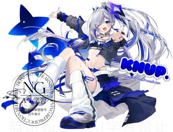 1girl ;d amane_kanata amane_kanata_(lock_on) angel_wings arm_up black_jacket black_sports_bra blue_hair blue_wings braid choker colored_inner_hair commentary criss-cross_straps cropped_jacket earrings fake_horns feathered_wings full_body gradient_wings grey_hair halo highleg highleg_panties highres hololive horns jacket jewelry long_hair looking_at_viewer mini_wings multicolored_hair multicolored_wings multiple_rings navel o-ring o-ring_choker official_alternate_costume official_artist_extra one_eye_closed open_mouth oshioshio outstretched_arms panties panty_straps pink_streaks ponytail purple_eyes ribbed_leg_warmers ring shoes shorts side_braid simple_background smile solo sports_bra star_halo sticker_on_stomach stomach streaked_hair swept_bangs symbol-only_commentary tilted_halo underwear very_long_hair virtual_youtuber watermark white_background white_shoes white_shorts white_wings wings