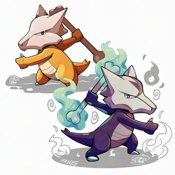 alolan_form alolan_marowak black_skin bone claws colored_skin commentary english_commentary fire gen_1_pokemon gen_7_pokemon green_fire holding holding_bone looking_at_viewer marowak mistray-art nintendo no_humans numbered orange_skin pokemon pokemon_(creature) regional_and_normal signature simple_background tail white_background
