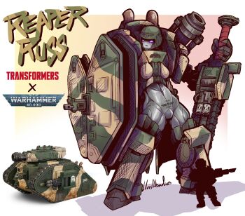 1girl absurdres astra_militarum commentary english_commentary gun highres holding holding_shield humanoid_robot lasgun leman_russ_(tank) lluisabadias machine mecha military military_vehicle motor_vehicle robot robot_girl shield size_comparison standing sword tank tank_turret transformers weapon