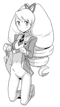 1girl bow censored clothes_lift dress dress_lift drill_hair greyscale hair_bow heart heart_censor heriyama kneeling loli long_hair luna_platz_(mega_man) mega_man_(series) mega_man_star_force_(series) monochrome navel pantyhose_around_legs pussy simple_background twin_drills very_long_hair white_background