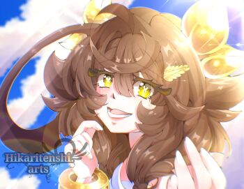 Rule 34 | 1girl, :d, ahoge, artist name, brown hair, butterfly-shaped pupils, commentary, english commentary, fingernails, hair ornament, highres, hikarinotenshi.arts, looking at viewer, lower teeth only, open mouth, original, outdoors, pale skin, pink lips, seri (hikarinotenshi.arts), sky, smile, solo, symbol-shaped pupils, teeth, watermark, yellow eyes