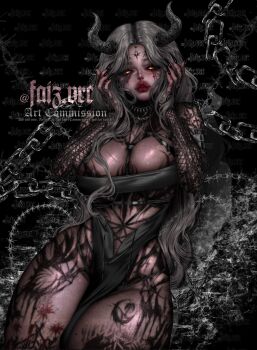 1girl apr1i6 arm_tattoo black_dress black_nails breasts commentary commission cowboy_shot curvy demon_girl demon_horns detached_sleeves dress english_commentary facial_tattoo fingernails fishnet_sleeves fishnets grey_background grey_hair hands_in_own_hair hands_up highres horns large_breasts leg_tattoo lips long_fingernails long_hair looking_at_viewer multiple_tattoos nail_polish nose original parted_bangs parted_hair parted_lips pelvic_curtain red_lips revealing_clothes sharp_fingernails solo tattoo thick_thighs thighs yellow_eyes