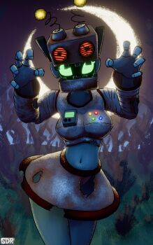 1girl antennae blue_skin borrowed_character breasts claw_pose colored_skin control_panel_overlay crescent_moon glowing glowing_eyes grass green_eyes grey_helmet grey_shirt grey_skirt halloween halloween_costume helmet large_breasts long_sleeves looking_at_viewer midriff moon navel night night_sky original robot rust shirt skirt sky soandnb standing torn_clothes torn_shirt torn_skirt tree