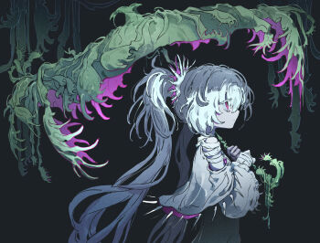 1girl absurdres alternate_costume black_background capelet commentary_request from_side frown gradient_hair grey_hair hatsune_miku highres holding holding_umbrella lankilanki long_hair looking_to_the_side multicolored_hair pink_eyes plant simple_background solo twintails umbrella upper_body venus_flytrap very_long_hair vocaloid white_capelet white_hair