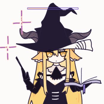 1girl animal_ears animated animated_gif arknights ascot black_ascot black_dress black_footwear black_gloves black_hat black_pantyhose blonde_hair book bright_pupils clapping curled_horns degenbrecher_(arknights) degenbrecher_(the_shadow_of_the_dark_moon)_(arknights) dress elbow_gloves expressionless gloves goat_ears goat_girl goat_horns halloween_costume hands_up hat holding holding_book holding_wand horns incoming_attack incoming_punch long_dress long_hair losia official_alternate_costume open_book pantyhose profile punching sidelocks simple_background sparkle wand white_background white_pupils witch witch_hat yellow_eyes