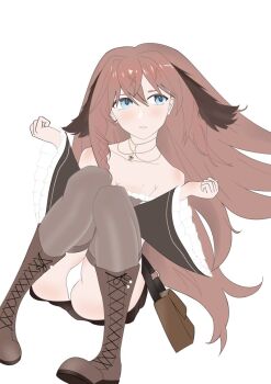 1girl bag bare_shoulders blue_eyes blush boots braid breasts brown_dress brown_hair cleavage collarbone dress grey_thighhighs hair_between_eyes handbag jewelry lace-up_boots long_hair mole necklace off-shoulder_dress off_shoulder panties pantyshot parted_lips rayos simple_background sitting solo thighhighs underwear very_long_hair virtual_youtuber white_background white_panties wide_sleeves