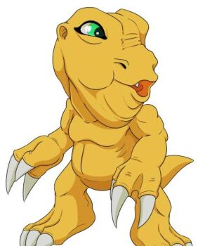 agumon claws digimon digimon_(creature) fang green_eyes meme pogchamp_(meme) solo tail what why