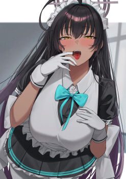 1girl absurdres ahoge aqua_bow aqua_bowtie black_hair black_skirt blue_archive bow bowtie breasts commentary english_commentary gloves halo highres karin_(blue_archive) large_breasts long_hair looking_at_viewer maid maid_headdress open_mouth pleated_skirt purple_halo ref_(pmxt4483) saliva skirt solo tongue tongue_out white_gloves yellow_eyes