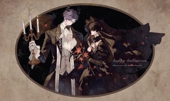 Rule 34 | 1boy, 1girl, black coat, black dress, black hair, black pants, black veil, breasts, candlestand, chaoxibumian, cleavage, coat, commentary, cowboy shot, demon horns, dress, flower, gloves, halloween, highres, holding, holding candlestand, holding flower, holding hands, horns, juliet sleeves, kiss, kissing hand, lily (flower), long coat, long hair, long sleeves, love and deepspace, medium breasts, pants, protagonist (love and deepspace), puffy sleeves, purple hair, rafayel (love and deepspace), red flower, shirt, short hair, symbol-only commentary, twintails, veil, white gloves, white shirt