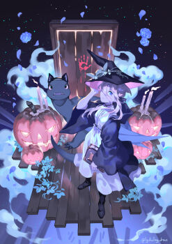 1girl animal_ear_hairband animal_ears black_boots black_cape black_hat blonde_hair blood blood_on_object blue_eyes blue_flower blue_rose book boots candle cape cat_ear_hairband cat_ears closed_mouth commentary door dragon dress english_commentary fake_animal_ears flower hairband halloween hat holding holding_book jack-o&#039;-lantern long_hair looking_at_viewer lydialing_draws pumpkin rose solo standing the_ink_apprentice white_dress witch witch_hat wooden_door