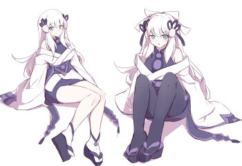 1girl absurdres blue_eyes duel_monster evolution grey_hair highres japanese_clothes kanzakietc kimono long_sleeves looking_at_viewer multiple_views off_shoulder pale_skin pantyhose sandals short_kimono sitting smile white_background white_kimono yu-gi-oh! yuki-onna_the_absolute_zero_mayakashi yuki-onna_the_ice_mayakashi