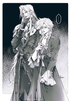 ... 2boys aqua_eyes armor belt blue_eyes bow braid chest_strap closed_mouth cloud_strife cloud_strife_(blue_dress) coat crossdressing crossdressing_(mtf) dress feet_out_of_frame final_fantasy final_fantasy_vii frilled_dress frilled_sleeves frills gloves greyscale hair_between_eyes hair_bow hand_on_own_chin height_difference high_collar highres implied_yaoi jacket long_dress long_hair long_sleeves looking_at_viewer male_focus monochrome multiple_boys open_collar pants parted_bangs parted_lips pauldrons pectoral_cleavage pectorals sephiroth short_hair shoulder_armor speech_bubble spiked_hair spoken_ellipsis spot_color starember twin_braids twitter_username watermark wavy_hair weibo_watermark
