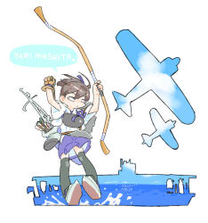 Rule 34 | 1girl, aircraft, aircraft carrier, airplane, arms up, arrow (projectile), black thighhighs, blue sky, bow (weapon), brown eyes, brown gloves, brown hair, closed mouth, cloud, double exposure, floating hair, full body, gloves, holding, holding arrow, holding bow (weapon), holding weapon, horizon, japanese clothes, jibakurei (elite unchi), jitome, kaga (kancolle), kantai collection, kimono, military vehicle, muneate, ocean, partially fingerless gloves, partly fingerless gloves, purple skirt, quiver, romaji text, ship, short kimono, short sleeves, side ponytail, simple background, single glove, skirt, sky, solo, speech bubble, splashing, tasuki, thighhighs, translation request, warship, watercraft, weapon, white background, white kimono, yugake