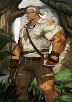 Rule 34 | 1boy, abs, absurdres, bara, blue eyes, brown gloves, brown pants, bulge, chest hair, facial hair, gloves, goatee, goggles, goggles around neck, grey hair, highres, large pectorals, live a hero, male focus, marfik (live a hero), muscular, muscular legs, old, old man, pants, pectorals, shirt, short hair, sideburns, solo, stubble, thighs, torn clothes, torn pants, torn shirt, traver009