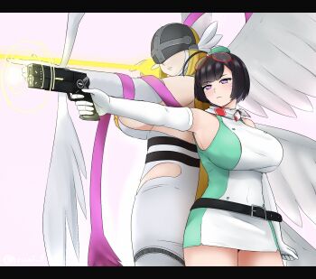 2girls angewomon arrow_(projectile) back-to-back bare_shoulders belt black_hair blonde_hair bodysuit breasts cosplay cowboy_shot digimon digimon_(creature) digimon_story:_time_stranger dress facial_hair gloves goggles goggles_on_head green_dress gun highres holding holding_arrow holding_gun holding_weapon large_breasts microdress multiple_girls naozuri prism_project purple_eyes rikudou_yura short_hair weapon white_bodysuit white_dress white_gloves yuuki_kanan yuuki_kanan_(cosplay)