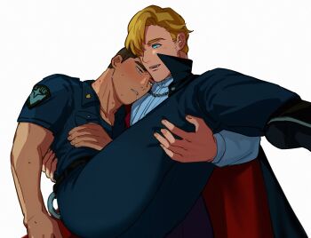 2boys absurdres ao_isami aqua_eyes blonde_hair blush brown_hair cape carrying carrying_person commentary drooling facial_hair fangs highres lewis_smith male_focus multiple_boys net_(net87626068) official_alternate_costume parted_lips police police_uniform princess_carry sideburns_stubble simple_background stubble symbol-only_commentary two-sided_cape two-sided_fabric vampire vampire_bite white_background yaoi yuuki_bakuhatsu_bang_bravern
