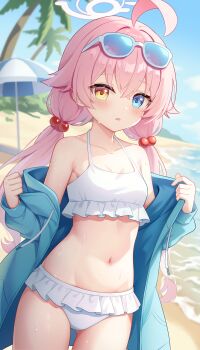 1girl absurdres ahoge aqua_jacket armpit_crease bare_shoulders beach beach_umbrella bikini blue_archive blush chaoji_da_yuwan collarbone flower frilled_bikini frills hair_flower hair_ornament halo heterochromia highres hoshino_(blue_archive) hoshino_(swimsuit)_(blue_archive) jacket jacket_partially_removed loli looking_at_viewer navel official_alternate_costume open_clothes open_jacket open_mouth outdoors pink_hair pink_halo solo stomach sweatdrop swimsuit thighs umbrella white_bikini