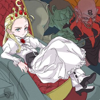 Rule 34 | 1girl, 2boys, antenna hair, armored warriors, blonde hair, blue eyes, boots, bored, capcom, crossed legs, crown, cyberbots, devilot de deathsatan ix, dr stein, dress, feason, forehead, hair slicked back, jigoku daishi, long hair, multiple boys, sitting, skull, throne