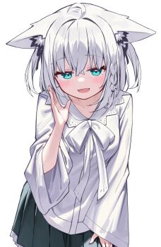 1girl :d absurdres ahoge animal_ear_piercing animal_ears aqua_eyes braid crossed_bangs deaver double-parted_bangs fox_ears fox_girl frilled_skirt frills green_skirt hair_between_eyes hand_up highres hololive leaning_forward long_hair long_sleeves looking_at_viewer open_mouth pleated_skirt shirakami_fubuki shirakami_fubuki_(street) shirt side_braid simple_background single_braid skirt smile solo two_side_up virtual_youtuber white_background white_hair white_shirt wide_sleeves