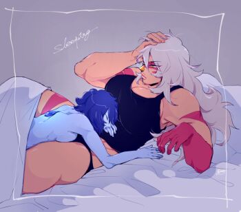 2girls bed blue_hair blue_skin breast_press breasts colored_skin gram_quartz jasper_(steven_universe) lapis_lazuli_(gemstone) lapis_lazuli_(steven_universe) large_breasts lying medium_breasts monster_girl multiple_girls muscular muscular_female nude on_back on_stomach red_skin scar shoulder_blades simple_background size_difference sleeping steven_universe underwear waking_up white_hair yellow_eyes yuri