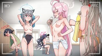 5girls animal_ear_fluff animal_ears armpits ass ayane_(blue_archive) bare_back bare_shoulders barefoot battery_indicator bikini bikini_bottom_only bikini_tan black_hair black_one-piece_swimsuit blue_archive blue_eyes blue_halo blue_one-piece_swimsuit bottle breasts cameltoe cat_ears cat_girl changing_clothes changing_room closed_eyes closed_mouth clothes_pull coffee commentary_request covered_navel drying drying_hair extra_ears fake_screenshot female_focus foot_up foreclosure_task_force_(blue_archive) grey_hair hair_between_eyes hair_dryer halo hand_on_own_hip holding holding_bottle hoshino_(blue_archive) iced_coffee indoors large_breasts light_brown_hair loli long_hair medium_breasts multiple_girls navel nipples nonomi_(blue_archive) nonomi_(swimsuit)_(blue_archive) nude official_alternate_costume one-piece_swimsuit one-piece_swimsuit_pull one-piece_tan paid_reward_available panties parted_lips pink_hair pink_halo pointy_ears recording red-framed_eyewear red_halo serika_(blue_archive) shiroko_(blue_archive) shiroko_(swimsuit)_(blue_archive) short_hair side-tie_bikini_bottom sideboob sideways_mouth sitting small_breasts special_cat standing striped_clothes striped_panties sunglasses swimsuit tan tanline teeth topless_female towel towel_around_waist two-tone_swimsuit underwear undressing upper_teeth_only very_long_hair viewfinder voyeur_pov voyeurism wolf_ears wolf_girl wrap_towel yellow_bikini