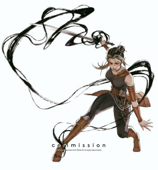 1girl black_hair black_pants boots breasts brown_boots commission darkness dynamic_pose full_body grey_hair grey_shirt hair_bun highres holding holding_sword holding_weapon medium_breasts multicolored_hair original pants pointy_ears red_eyes shirt simple_background sleeveless sleeveless_shirt solo sumustard sword two-tone_hair weapon white_background