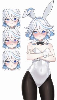 1girl :o ahoge alternate_costume animal_ears bare_shoulders black_bow black_bowtie black_pantyhose blue_eyes blue_hair blue_pupils blush bow bowtie breasts closed_mouth collar commentary_request covered_navel crossed_arms detached_collar drop-shaped_pupils fake_animal_ears frown furina_(genshin_impact) genshin_impact grin hair_between_eyes heart heart-shaped_pupils heterochromia highres irodo_1024 leotard looking_at_viewer medium_hair multicolored_hair multiple_expressions open_mouth pantyhose playboy_bunny rabbit_ears simple_background small_breasts small_sweatdrop smile strapless strapless_leotard symbol-shaped_pupils white_background white_collar white_hair white_leotard white_wrist_cuffs wrist_cuffs