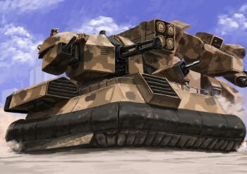 arm_cannon blue_sky camouflage cloud desert dual_arm_cannons front_mission highres hovercraft mecha mecha_focus military no_humans robot sand science_fiction sky tyokugekidato watercraft weapon woodland_camouflage