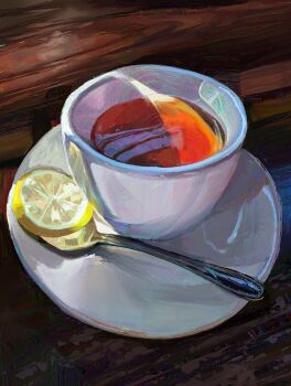 absurdres food food_focus from_above fruit highres lemon lemon_slice no_humans original painterly spoon still_life table tea twulfs wooden_table