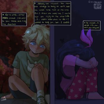 Rule 34 | 1boy, 1girl, 2023, alternate costume, alternate universe, arm support, artist name, aubrey (faraway) (omori), aubrey (omori), barefoot, basil (faraway) (omori), basil (omori), black hair, black shorts, blonde hair, blue eyes, closed mouth, crossed arms, double-parted bangs, english text, green shirt, hairband, hand on own knee, highres, indoors, knees up, left-to-right manga, long hair, madnopost, omori, outdoors, pink hairband, pink shirt, sad, shirt, shoes, short hair, shorts, sitting, sneakers, socks, speech bubble, t-shirt, tearing up, white socks