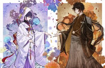 Rule 34 | 1boy, 1girl, alternate costume, alternate universe, arm up, back bow, blunt bangs, bow, brown eyes, brown hair, chinese clothes, chinese commentary, closed mouth, commentary request, couple, feizhoudaqiuzhangperper, floral background, from side, genshin impact, gradient hair, hair ornament, highres, holding, hood, hood up, husband and wife, japanese clothes, kimono, light smile, long sleeves, looking at another, looking down, marriage proposal, mitsudomoe (shape), multicolored hair, neck ribbon, purple eyes, purple hair, raiden shogun, reaching, reaching towards another, ribbon, robe, standing, tomoe (symbol), uchikake, upper body, wedding, wide sleeves, zhongli (genshin impact)