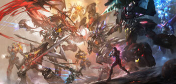 armor battle chinese_commentary choujuu_kishin_dancouga clenched_hands copyright_request cowboy_bebop crossover dancouga dancouga_(series) dangaioh_hyper_combat_unit dangaiou dual_wielding fighting final_dancouga floating getter_robo glowing great_mazinger_(robot) great_zeorymer gridman_(character) gridman_(ssss) gridman_universe gurren-lagann hades_project_zeorymer highres holding holding_lance holding_polearm holding_sword holding_weapon horns iron_saga lance mazinger_(series) mazinger_z mazinger_z:_infinity mazinger_z_(mecha) mecha mecha_request multiple_crossover open_hand polearm power_armor red_scarf robot scarf science_fiction shin_getter-1 shin_getter_robo ssss.gridman stu_dts sunrise_stance super_robot sword swordfish_ii tengen_toppa_gurren_lagann ultra_series ultraman ultraman_(hero&#039;s_comics) vassago_(iron_saga) weapon