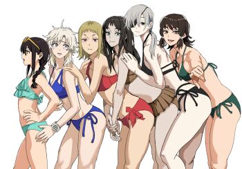 6+girls aqua_bikini aqua_eyes arms_around_another's_waist bikini bikini_skirt black_bikini black_eyes black_hair blonde_hair blue_bikini braid breasts brown_bikini brown_eyes brown_hair chainsaw_man cleavage closed_mouth commentary conga_line cowboy_shot crying english_commentary expressionless eyepatch eyewear_on_head famine_devil_(chainsaw_man) flat_chest frilled_bikini frills from_side green_bikini green_eyes grey_eyes grey_hair hand_on_another's_ass hand_on_another's_hip hand_on_another's_shoulder hands_on_another's_shoulders hands_on_own_hips highres legs long_hair looking_at_viewer medium_breasts medium_hair mifune_fumiko mole mole_on_cheek mole_under_eye mole_under_mouth multiple_girls nayuta_(chainsaw_man) open_mouth orange_eyes parted_lips pointing pointing_at_viewer ponytail quanxi_(chainsaw_man) red_bikini red_eyes ringed_eyes santa_claus_(chainsaw_man) sawatari_akane_(chainsaw_man) shiren_(ourboy83) short_hair short_twintails side-tie_bikini_bottom simple_background single_braid small_breasts sunglasses swimsuit thighs twintails watch white_background white_hair wolf_cut wristwatch