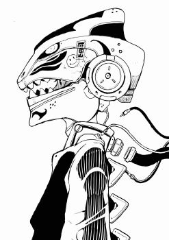 1girl acky_bright collared_shirt fangs greyscale helmet highres jacket japanese_text long_sleeves mecha mecha_musume monochrome original plug profile robot shirt short_hair simple_background teeth translation_request tube white_background wiring