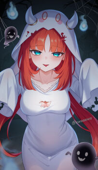 1girl aqua_eyes blush breasts cleavage cleavage_cutout cloak clothing_cutout ewaaawa genshin_impact ghost ghost_costume halloween halloween_costume highres hood long_hair long_sleeves looking_at_viewer medium_breasts nilou_(genshin_impact) red_hair sheet_ghost silk smile solo spider_web tongue tongue_out twintails twitter_username white_cloak