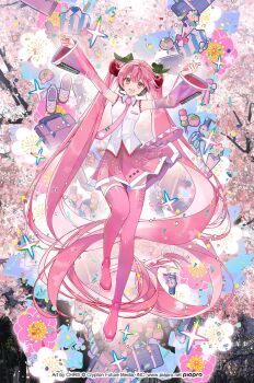 Rule 34 | 1girl, absurdly long hair, armpits, arms up, bag, blush, boots, breasts, cherry blossoms, cherry hair ornament, chris4708, collared shirt, commentary request, dango, detached sleeves, food, food-themed hair ornament, hair between eyes, hair ornament, hatsune miku, highres, long hair, long sleeves, looking at viewer, mochi, necktie, open mouth, pink hair, pink necktie, pink skirt, pleated skirt, sakura miku, sanshoku dango, school bag, shirt, skirt, sleeveless, sleeveless shirt, small breasts, smile, solo, spring (season), striped necktie, thigh boots, thighhighs, very long hair, vocaloid, wagashi, watch, white shirt, wide sleeves, wristwatch, zettai ryouiki