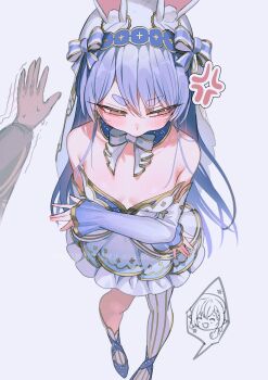 1other 2girls absurdres anger_vein animal_ears asymmetrical_legwear blue_hair blue_shoes blush bow bowtie breasts commentary_request detached_collar detached_sleeves dress frilled_dress frills gold_trim highres hikimayu hololive long_hair multiple_girls official_alternate_costume official_alternate_hairstyle orange_eyes pantyhose pout pov pov_hands rabbit_ears rabbit_girl shiranui_flare shoes short_dress short_eyebrows sidelocks simple_background single_leg_pantyhose small_breasts socks solo_focus standing strapless strapless_dress striped_clothes striped_pantyhose striped_socks takeno_omoti thick_eyebrows uneven_legwear usada_pekora usada_pekora_(usagi_the_megami) veil vertical-striped_clothes vertical-striped_pantyhose vertical-striped_socks virtual_youtuber white_background white_bow white_bowtie white_dress white_pantyhose white_socks white_veil