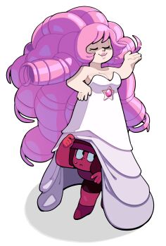 afro alternate_body_size alternate_height breasts cleavage closed_eyes curly_hair discount-supervillain dress gem gem_(steven_universe) highres long_hair medium_breasts pink_hair plump rose_quartz_(species)_(steven_universe) rose_quartz_universe ruby_(species)_(steven_universe) ruby_(steven_universe) shortstack smile steven_universe very_long_hair white_dress