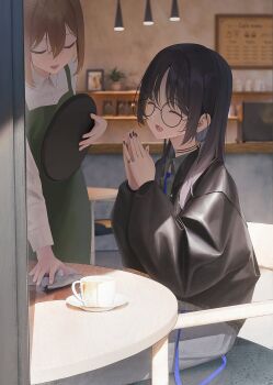 2girls apron aya_(lezon) black_choker black_jacket black_nails brown_hair cafe choker closed_eyes coffee coffee_mug cross cross_earrings cup ear_piercing earrings glasses green_apron grey_pants hair_between_eyes highres holding holding_tray jacket jewelry mug multiple_girls nail_polish open_mouth original own_hands_together pants piercing ring spill spilled_drink swept_bangs table tray