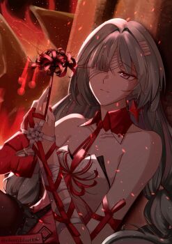 1girl absurdres bandage_over_one_eye bandaged_arm bandages bare_shoulders breasts closed_mouth collarbone commentary earrings ebonyblue00 flower grey_eyes grey_hair halterneck highres holding holding_flower jewelry long_hair medium_breasts nail_polish phrolova_(wuthering_waves) red_nails solo spider_lily symbol-only_commentary twitter_username upper_body wuthering_waves