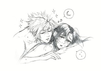 1boy 1girl black_hair blush boy_on_top cloud_strife collarbone commentary couple crescent_moon english_commentary exhausted final_fantasy final_fantasy_vii final_fantasy_vii:_advent_children greyscale heart hetero implied_after_sex leaning_on_person linono long_hair lying monochrome moon night nude on_person on_stomach open_mouth parted_lips short_hair simple_background sparkle spiked_hair spoken_sweatdrop sweat sweatdrop tifa_lockhart traditional_media upper_body white_background