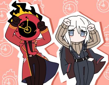 1girl 1other black_gloves black_pants black_vest blue_eyes blush brown_sweater caramelldansen chibi clock coat dante_(limbus_company) faust_(project_moon) fire gloves highres lapels limbus_company long_sleeves naughty_0b necktie notched_lapels object_head pants project_moon red_coat red_necktie ribbed_sweater short_hair sweater vest white_hair