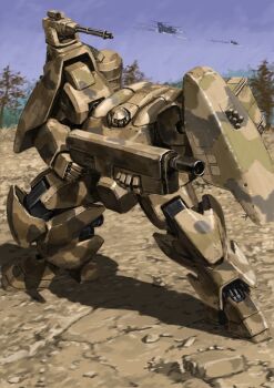 Rule 34 | aircraft, attack helicopter, blue sky, camouflage, commentary request, contrail, crack, cracked floor, cracking ground, day, desert camouflage, gun, helicopter, highres, holding, holding gun, holding weapon, mecha, military vehicle, no humans, original, outdoors, rifle, robot, science fiction, sky, tyokugekidato, weapon