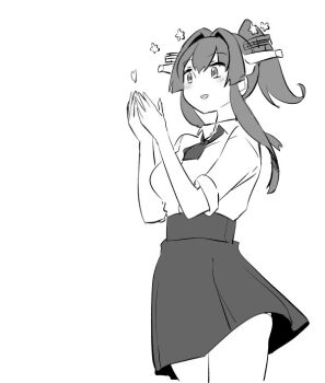 Rule 34 | 1girl, alternate costume, collared shirt, commentary request, dress shirt, feet out of frame, greyscale, hair intakes, headgear, kantai collection, monochrome, necktie, pleated skirt, ponytail, school uniform, shirt, skirt, solo, tamu (mad works), yamato (kancolle)