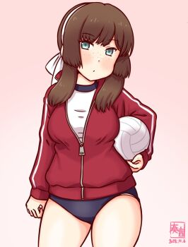 Rule 34 | 1girl, alternate costume, artist logo, blue buruma, blue hairband, blue ribbon, blush, breasts, brown hair, buruma, cowboy shot, dated, freckles, green eyes, gym shirt, hair ribbon, hairband, jacket, kanon (kurogane knights), kantai collection, logo, long hair, long sleeves, looking at viewer, medium breasts, mogador (kancolle), one-hour drawing challenge, red buruma, ribbon, shirt, solo, track jacket, volleyball