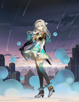 1girl aqua_hair aqua_skirt aqua_thighhighs black_hairband black_thighhighs closed_mouth cropped_jacket firefly_(honkai:_star_rail) full_body gradient_hair gradient_legwear green_eyes hair_between_eyes hair_ornament hairband hand_up high_heels highres honkai:_star_rail honkai_(series) long_hair long_sleeves looking_at_viewer multicolored_hair rafaelaaa shirt shooting_star skirt smile solo standing thighhighs white_shirt