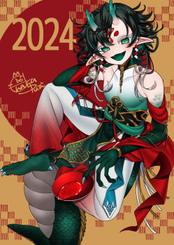 1boy 2024 absurdres barefoot braid braided_bangs chain chinese_new_year clothing_request collarbone colored_eyelashes colored_tips commentary_request cup dragon dragon_boy dragon_horns dragon_tail ear_piercing eastern_dragon eastern_dragon_horns eastern_dragon_tail eyelashes fangs fingernails forehead_tattoo gold_chain gradient_eyes green_eyes green_hair green_scales head_tilt highres long_fingernails long_toenails looking_at_viewer male_focus mismatched_eyelashes multicolored_eyes multicolored_hair new_year open_mouth original piercing pointy_ears red_background sakazuki scales sharp_fingernails sharp_toenails short_hair short_hair_with_long_locks signature sitting sleeveless smile solo tattoo toenails trap two-tone_background wenaka_yuuji white_eyelashes white_hair yellow_background