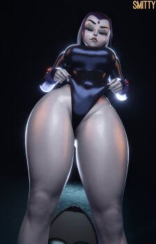 1girl 3d absurdres artist_name black_leotard breasts colored_skin commentary dc_comics english_commentary facial_mark forehead_mark from_below goth_fashion grey_skin highres large_breasts leotard medium_hair navel purple_eyes purple_hair raven_(dc) simple_background smittt34 teen_titans thick_thighs thighs