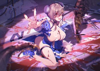 1girl :d arm_support bare_shoulders black_choker blood blood_on_face blood_on_ground blood_on_hands blood_on_leg blood_splatter blue_dress blue_jacket blue_shoes braid braided_bun breasts brown_hair bun_cover chaos_zero_nightmare choker cleavage collarbone commentary_request cropped_jacket double_bun dress full_body glitch hair_between_eyes hair_bun hair_ornament huge_weapon jacket large_breasts looking_at_viewer off_shoulder open_clothes open_jacket open_mouth panty_straps pelvic_curtain piercing reaching reaching_towards_viewer shadow shoes short_hair_with_long_locks sidelocks single_thighhigh sitting skindentation smile solo strapless strapless_dress sword thigh_strap thighhighs tongue_piercing torn_clothes torn_thighhighs urashima_(hidoro_mgmg) wariza weapon white_dress yellow_eyes yuki_(chaos_zero_nightmare)